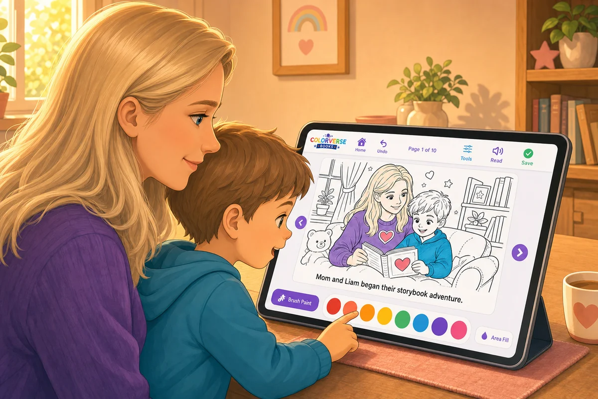 A mother and Liam use the Colorverse app to color a matching line-art scene from their storybook