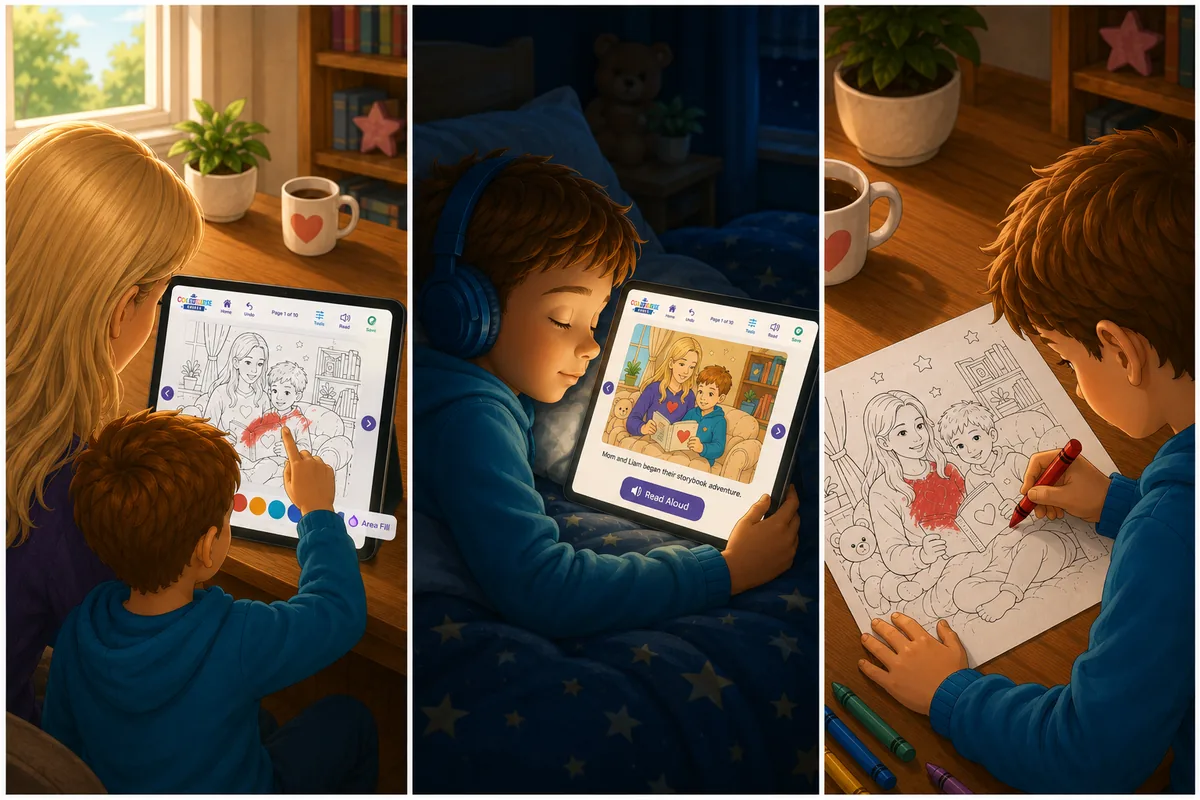 Mom and Liam enjoy matching Colorverse coloring, read-aloud, and printed story pages