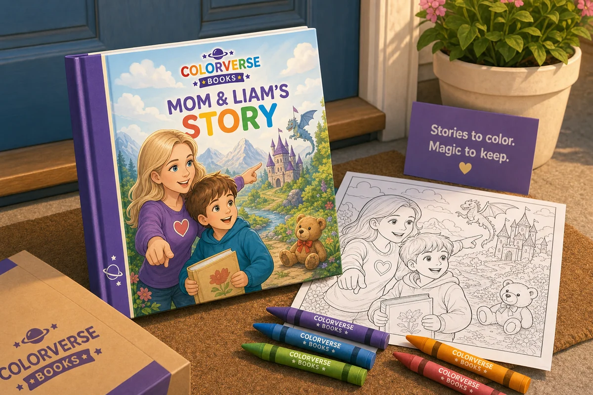 A branded bound Colorverse book arrives with its matching printable coloring page