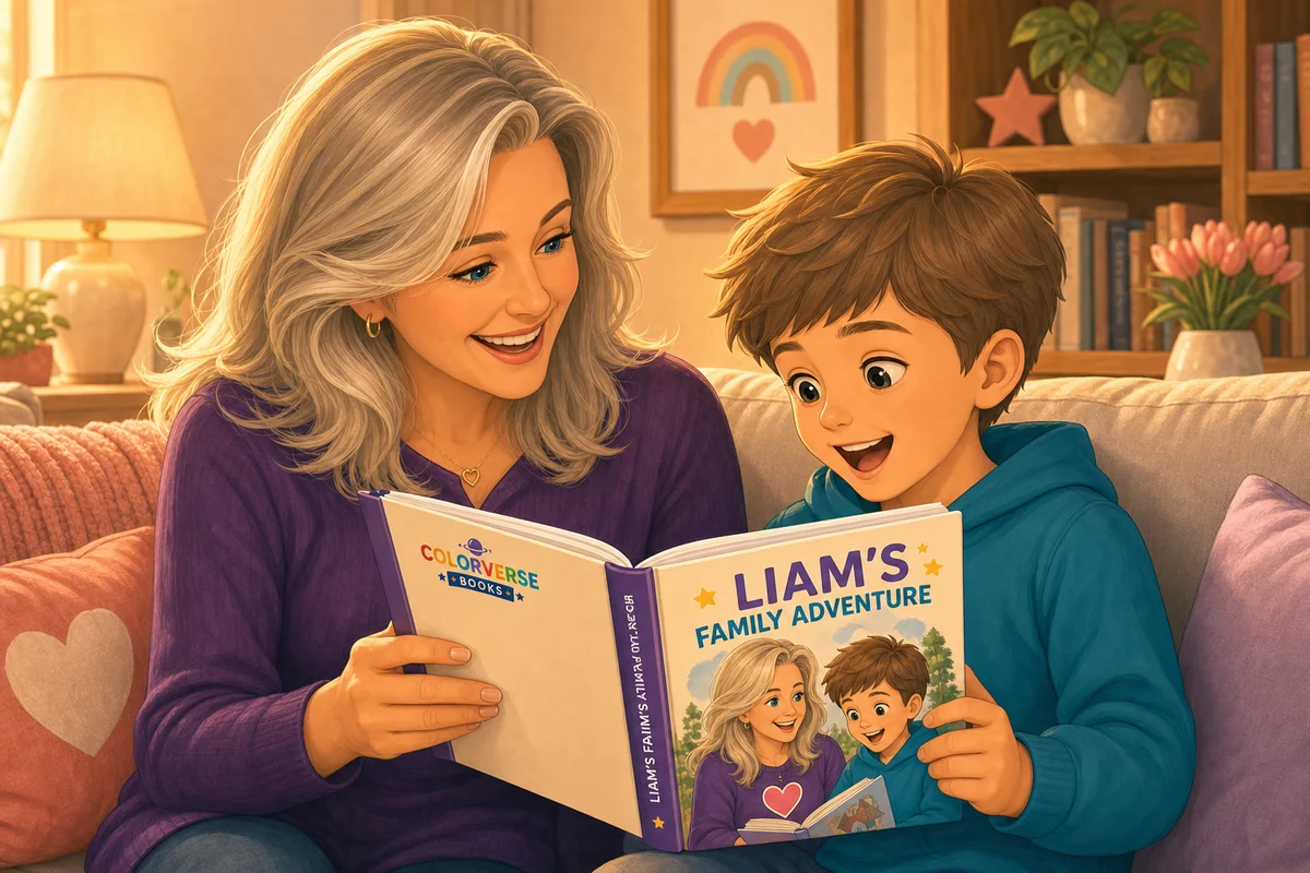 A young grandmother shares a personalized bound Colorverse book with her delighted grandson