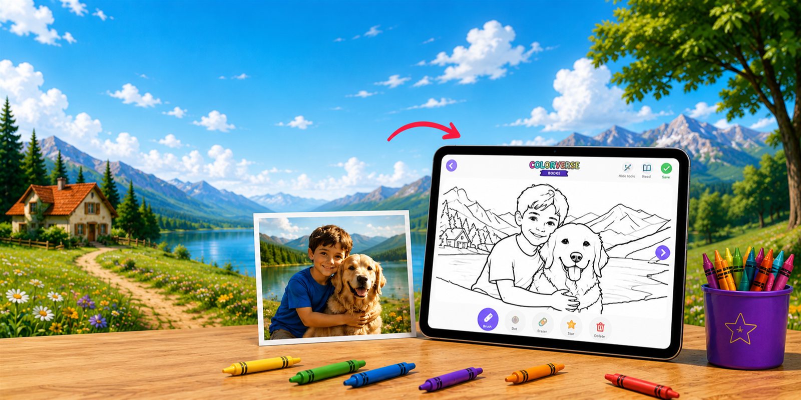 A child's photo transformed into a coloring page in the Colorverse companion app