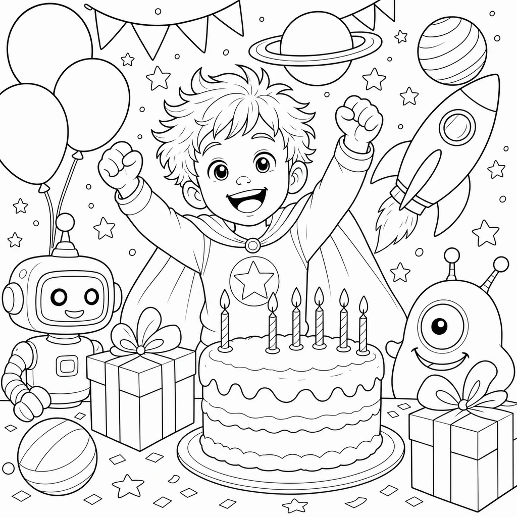 Birthday story coloring page example with simple, child-friendly outlines