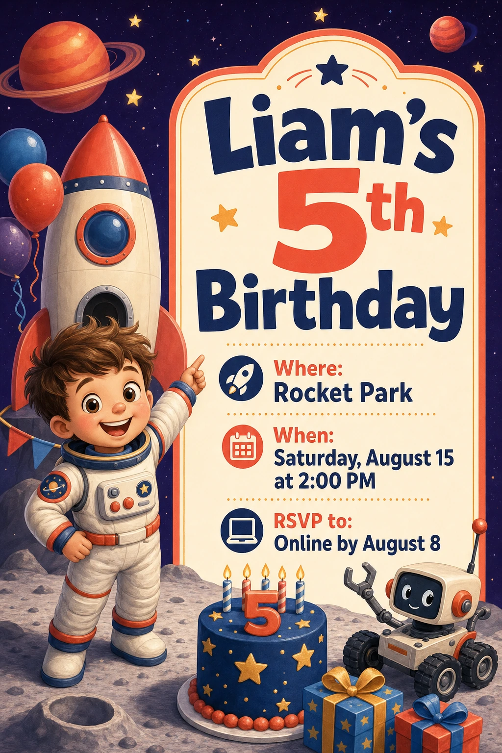 Space-themed invitation for Liam's 5th Birthday showing the location, time, and online RSVP details