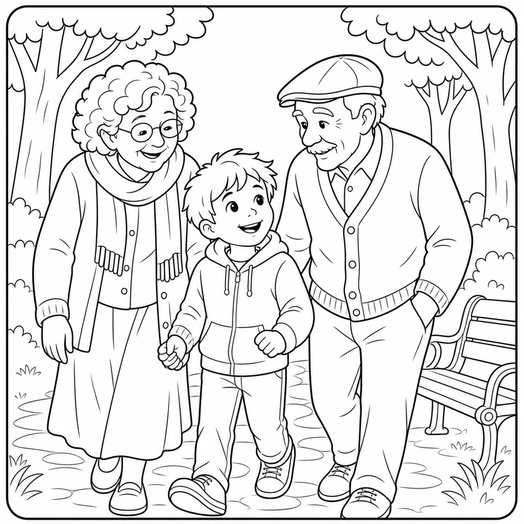 Grandparent walk coloring page example with simple, child-friendly outlines